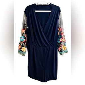 Shein Black Stretchy Lightweight Romper with Floral sheer Sleeves size 4XL